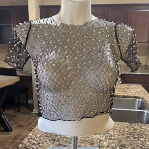 Sheer Black and White Pearl Embellished Women's Top